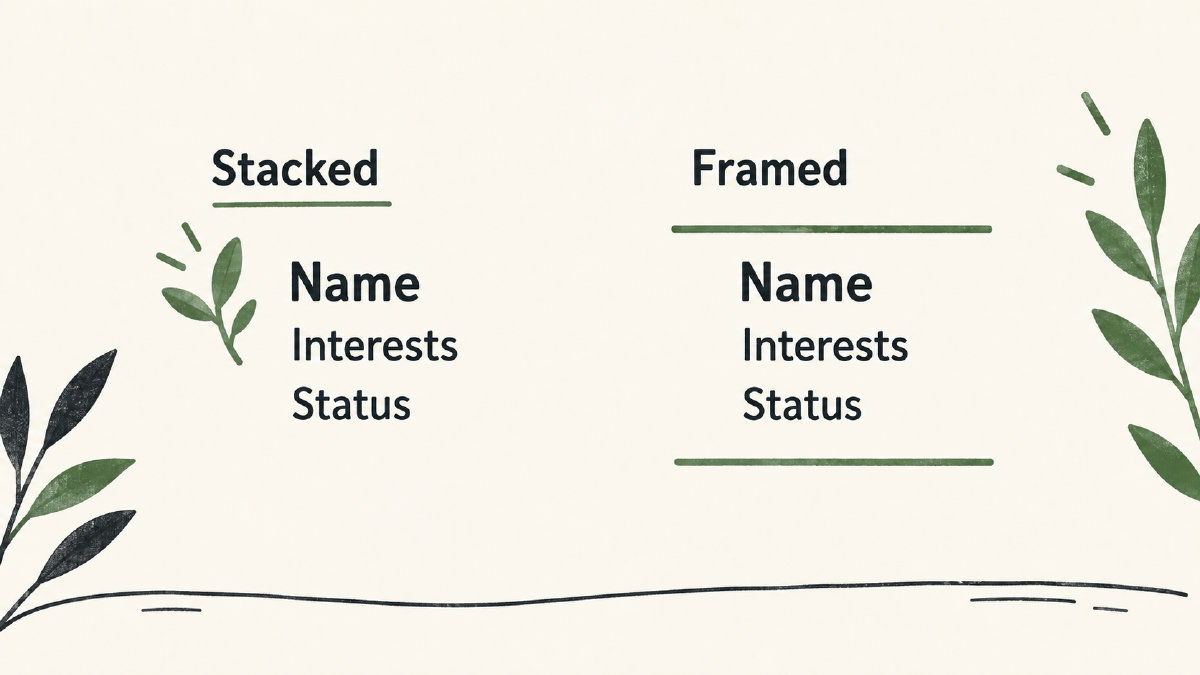 Diagram comparing name, interests, and status in stacked and divider-framed bio layouts.