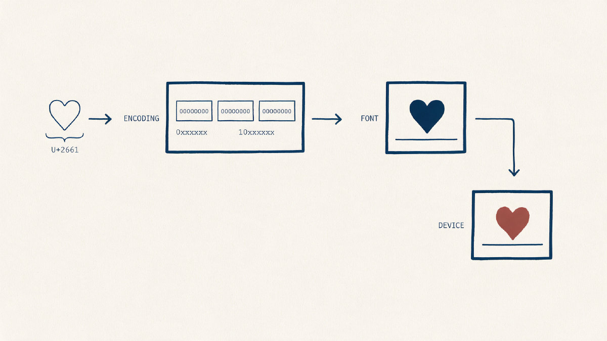 Diagram showing a code point becoming a heart glyph through encoding and font rendering