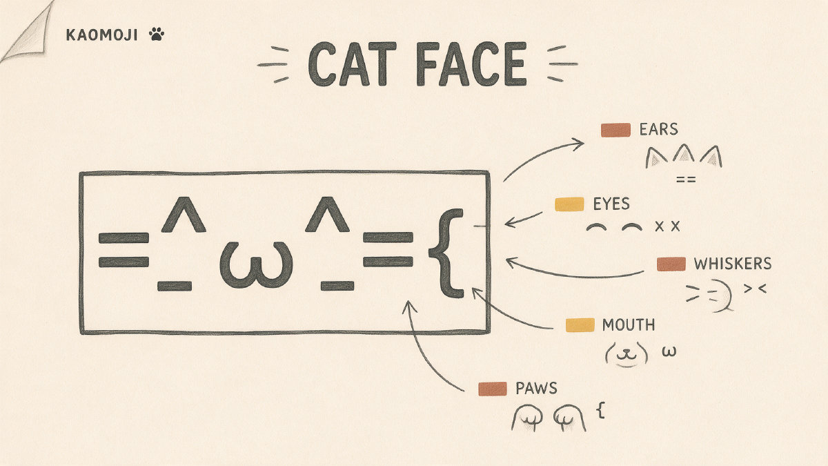 Diagram labeling the ears, whiskers, eyes, mouth, and paws of a cat kaomoji face